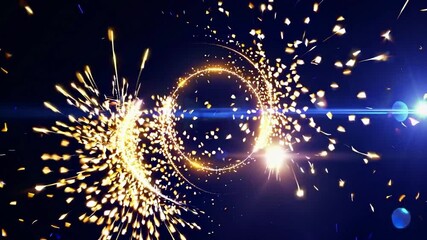 Shimmering golden particles spiral into a radiant vortex of light with dazzling flares against a deep indigo backdrop, evoking festive glamour, magic, and celebration energy - Powered by Adobe