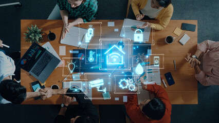 Concept of a smart home and the Internet of Things (IoT). A central system controls home automation features like security, lighting, and climate for modern, convenient living. Fermion