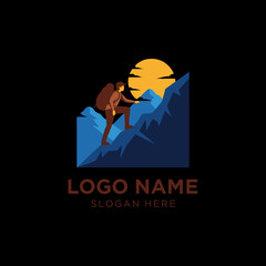 Logo design template of a hiker with a backpack climbing a mountain at sunrise or sunset.