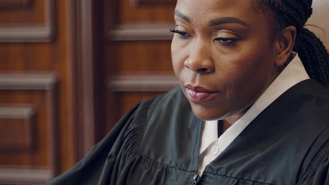 African american female judge in robes listening intently during courtroom proceedings, projecting authority and solemn professionalism as she weighs testimony and seeks fair justice