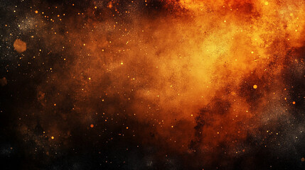 Naklejka premium Dark abstract background blending black brown orange and yellow with glowing spots and rough grainy texture suggesting fire burn light dust or a creepy atmospheric mood with gritty depth. 