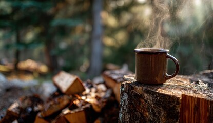 Vibrant photo of steaming hot mug of coffee resting on a cut log in forest