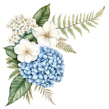 Watercolor arrangement featuring blue hydrangea, white blossoms, and green foliage forms a corner accent