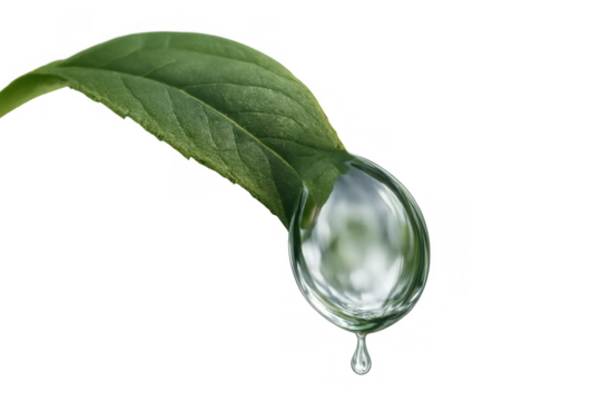 Green leaf holding and dropping a clear water drop, symbolizing freshness, purity, and environmental hydration - Powered by Adobe