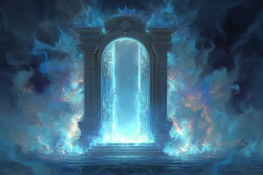 Vibrant photo of mystical glowing blue portal archway surrounded by ethereal smoke