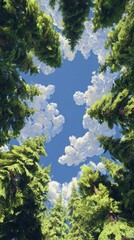 Vibrant photo of looking up through tall green pine trees to a bright blue sky