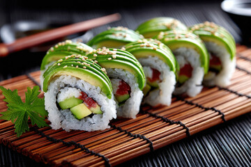 Avocado Sushi Rolls on a Bamboo Mat