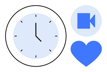 Clock with simple hour hand, video call icon, and heart shape in blue. Ideal for time management, digital interaction, relationships, scheduling, care, productivity simple flat metaphor