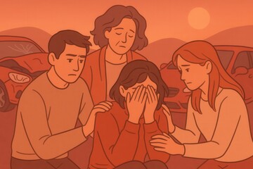 Emotional support among friends in the aftermath of a tragic car accident surrounded by damaged vehicles at sunset emphasizing compassion and resilience