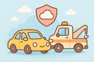 Fototapeta premium Illustrative depiction of accident scene, yellow car and tow truck, emphasizing insurance coverage and roadside assistance, expressing trust and safety in transportation solutions