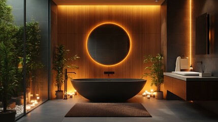 Escape to a calming modern bathroom oasis with a luxurious tub and warm candle lighting for ultimate relaxation and a spa-like experience at home