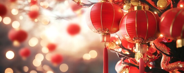 Red lanterns and golden decorations hanging, illuminating a traditional chinese new year celebration background. Focus on prosperity, good luck, and festivities