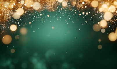 Golden sparkles and shimmering bokeh creating a festive christmas frame on a deep teal green backdrop