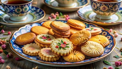 Delicate tea biscuits arranged in a colorful assortment on a decorative plate