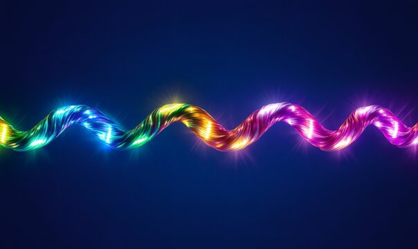 Rainbow glowing light strip forming a helix shape against a dark blue background, creating a festive visual effect