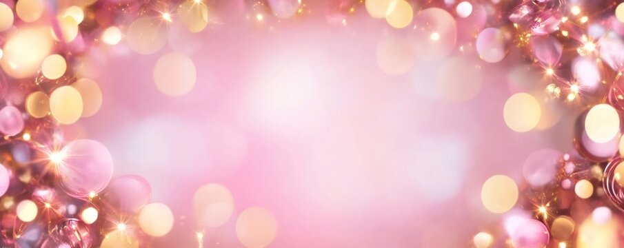 Pink bokeh lights illuminating the frame, creating a festive, abstract background for holiday celebrations and romantic events