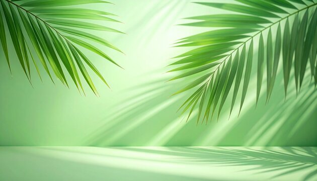 Soft, blurred shadows of palm leaves are cast across a solid light green background, - Powered by Adobe