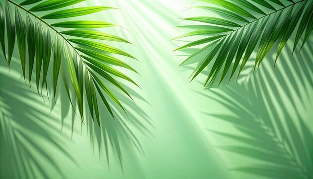 Soft, blurred shadows of palm leaves are cast across a solid light green background,