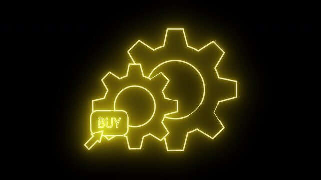 Two neon yellow gears intersect with a BUY box and cursor on a black background