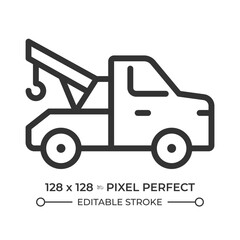 Wrecker pixel perfect line icon. Tow truck, recovery vehicle. Roadside assistance, towing company. Breakdown lorry. Isolated vector illustration. Outline symbol. Simple linear drawing. Editable stroke