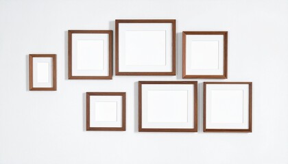 Wooden picture frames mockup set in different sizes with white matte border mounts 