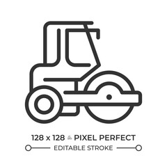 Road roller pixel perfect line icon. Construction transport. Asphalt steamroller. Industrial machinery. Isolated vector illustration. Outline symbol. Simple linear drawing. Editable stroke