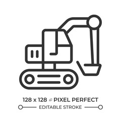 Excavator pixel perfect line icon. Mechanical shovel. Heavy construction equipment. Digging machinery. Isolated vector illustration. Outline symbol. Simple linear drawing. Editable stroke