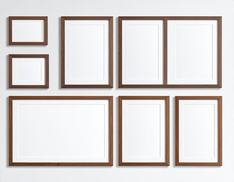 Wooden picture frames mockup set in different sizes with white matte border mounts 