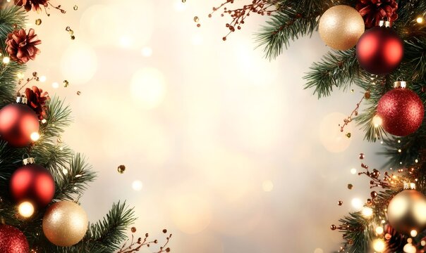 Christmas holiday border featuring fir branches, red and gold ornaments, pine cones, and twinkling string lights against a bokeh background