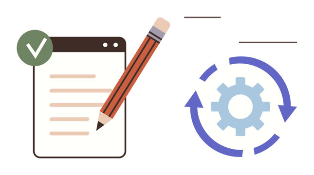 Document with pencil for writing, checkmark for approval, and gear with arrows for process automation. Ideal for productivity, workflow, project management, efficiency, systems, organization simple