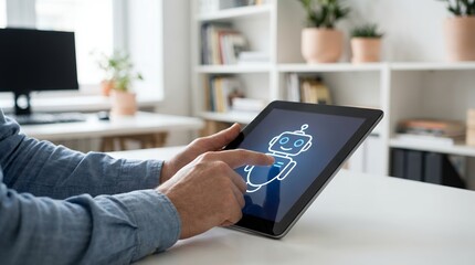 A person's hands touch a tablet screen displaying a friendly outline of a robot indicating interaction with artificial intelligence or a chatbot Technology AI Digital Computer Futuristic