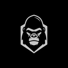 Fototapeta premium A stylized gorilla head in a hexagonal frame, presented in grayscale on a black background.