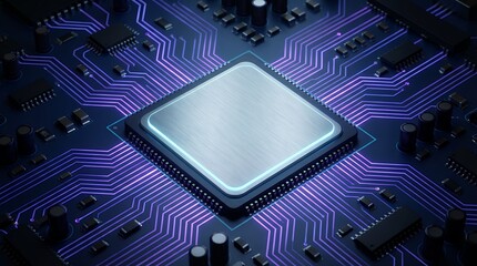 Close up view of a central processing unit on a dark blue circuit board with illuminated purple data pathways and multiple integrated circuits CPU processor electronics technology microchip