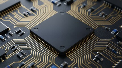 Macro view of a central processing unit CPU chip on a complex printed circuit board with gold conductors and various electronic components electronics technology computer processor