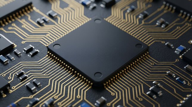 Macro view of a central processing unit CPU chip on a complex printed circuit board with gold conductors and various electronic components electronics technology computer processor