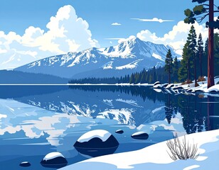 This illustration beautifully captures Lake Tahoe, located on the border of Californi