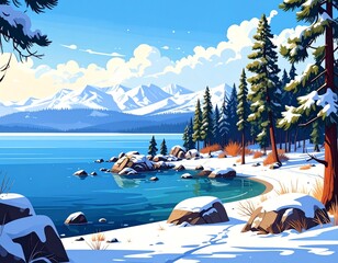 This illustration beautifully captures Lake Tahoe, located on the border of Californi