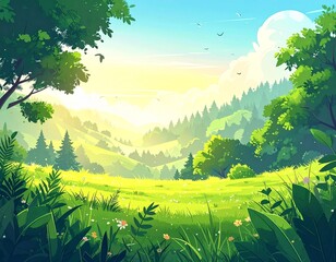 This illustration captures a peaceful, vibrant morning landscape filled with lush 