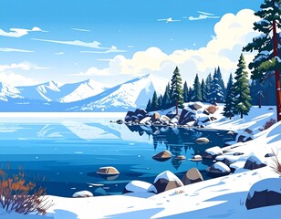 This illustration beautifully captures Lake Tahoe, located on the border of Californi