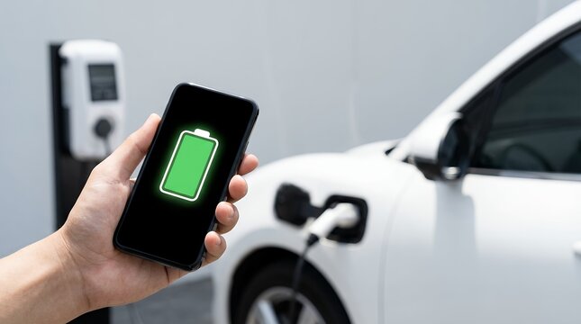 A hand holds a smartphone displaying a fully charged battery icon next to a white electric vehicle being charged at a station Electric car charging technology energy power clean energy - Powered by Adobe