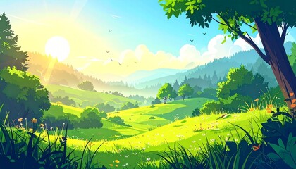 This illustration captures a peaceful, vibrant morning landscape filled with lush 