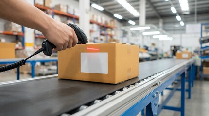 Hand holding barcode scanner reading a package on a conveyor belt within a warehouse industrial setting logistics scanning box shipping delivery distribution inventory stock industry