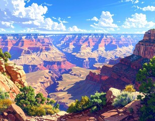 The illustration captures the breathtaking expanse of the Grand Canyon that conveys