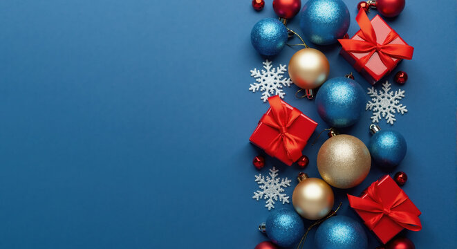 Christmas and New Year background with festive decorations. Red gifts, blue and gold baubles on a blue surface. Holiday flat lay with copy space - Powered by Adobe