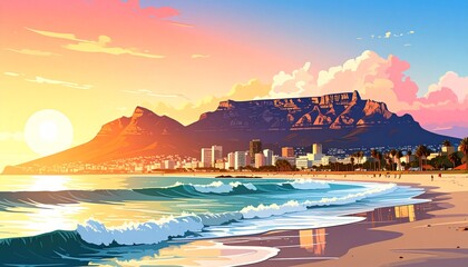 This illustration captures the stunning landscape of Cape Town, showcasing Table Moun