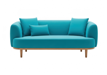 Modern teal sofa with pillows isolated on transparent background