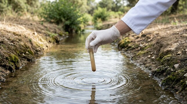 Scientist in white lab coat and gloves carefully holds test tube collecting murky water from a shallow stream flowing through a natural vegetated outdoor environment creating ripples