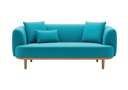 Modern teal sofa with pillows isolated on transparent background - Powered by Adobe