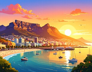 This illustration captures the stunning landscape of Cape Town, showcasing Table Moun