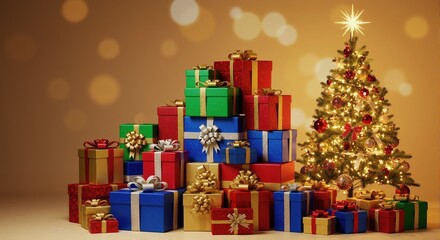 Festive holiday scene with a decorated Christmas tree and a pile of gifts. New Year celebration background with colorful presents